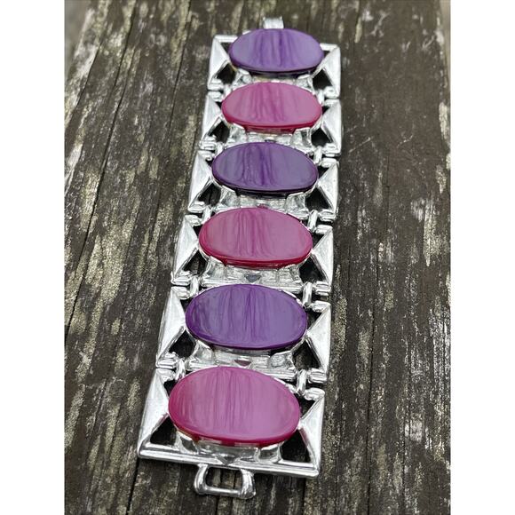 Vtg Bracelet Estate Signed DAM Lucite Chunky Runway Pink Purple 7” Heavy - Picture 14 of 14